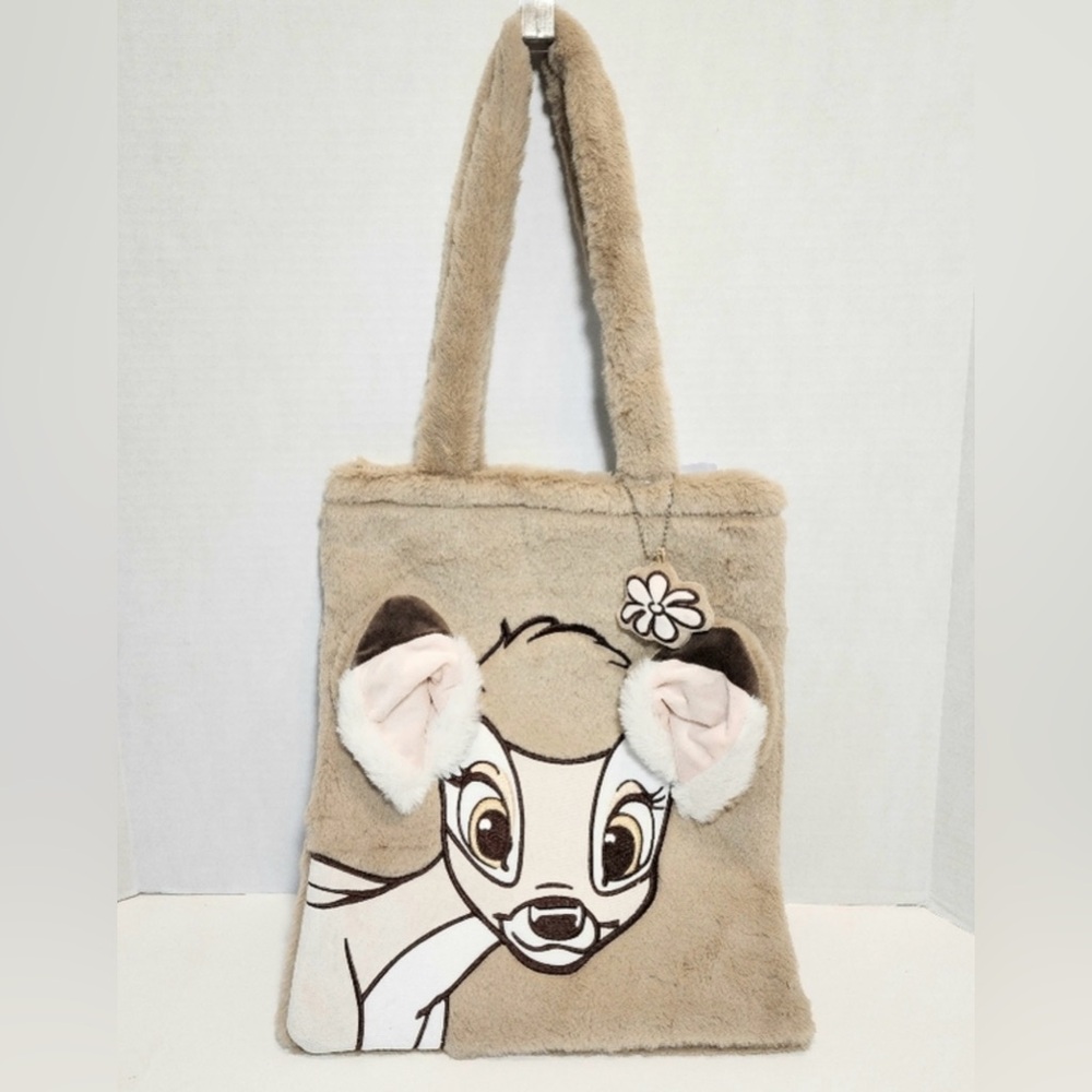 Disney Parks Bag Tote Fuzzy Bambi Print With Magnetic Clasp & Flower Charm NWT